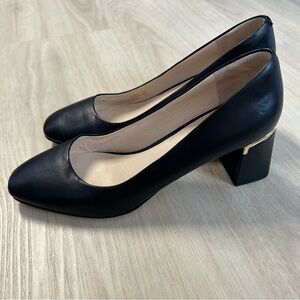 Cole Haan Grand OS Bkack Block Heel Pumps‎ Leather Gold Womens 7 1/2